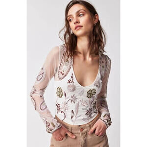 Free People Florence Embroidered Corset Mesh Top Size S